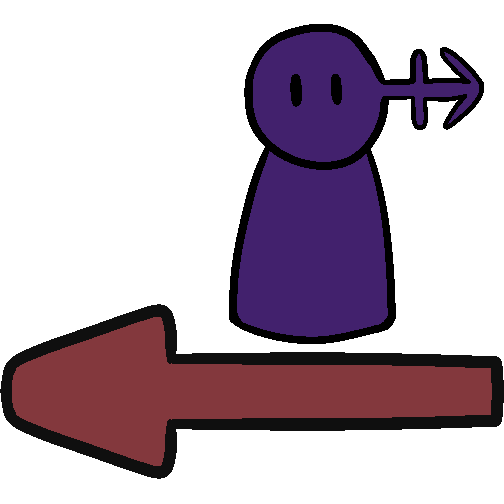 A purple figure standing above a red arrow pointing left.